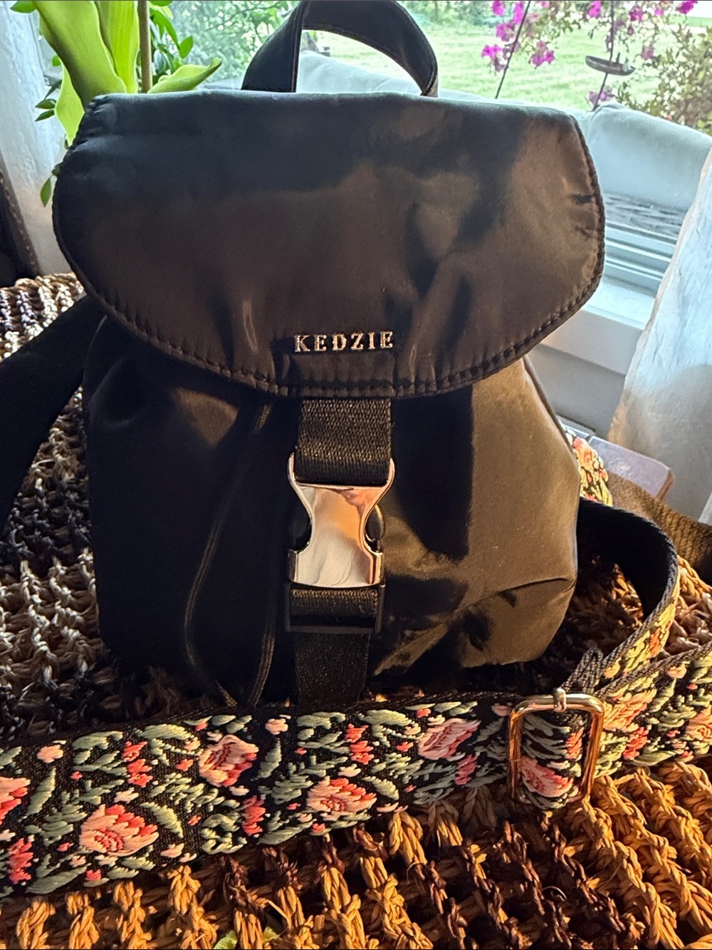 Kedzie Black Nylon Mini Backpack with Floral Strap
